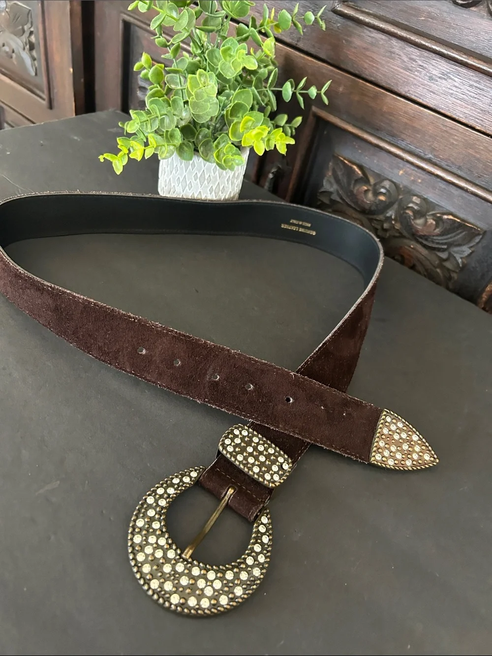 Jennifer Behr Brown Suede Belt with Crystal-Encrusted Buckle